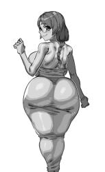 dress glasses hanekawa_tsubasa huge_ass huge_breasts looking_at_viewer looking_back makinakid monogatari_(series) smile tight_clothing
