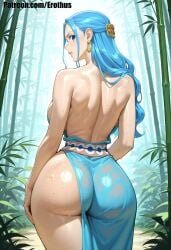 1girl ai_generated ass back backless_dress backless_outfit bamboo bamboo_forest bare_back bare_shoulders blue_dress blue_eyes blue_hair breasts cowboy_shot dress earrings erothus forest from_behind hair_ornament jewelry large_breasts long_hair looking_at_viewer looking_back median_furrow nature nefertari_vivi one_piece outdoors shoulder_blades sideboob solo thighs wet wet_clothes