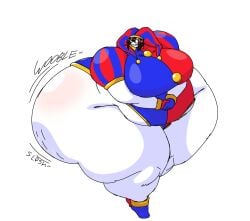 1girls 2026 bbw belly big_belly big_breasts bottom_heavy chubby full_body gutka huge_ass hyper_ass jester jester_costume jester_hat jester_outfit overweight_female pomni pomni_(tadc) pomni_(the_amazing_digital_circus) sloshing_butt sweat sweating tadc the_amazing_digital_circus thick_ass thick_thighs thunder_thighs white_background white_body wide_hips wobble wobbling_ass