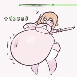 amber_eyes belly_overhang bikini_top blonde_female blonde_hair chibi chibi_style genshin_impact healing health_bar large_belly large_breasts lumine_(genshin_impact) mihoyo o-bisu overeating stuffed_belly sword traveler_(genshin_impact) white_leggings yellow_eyes