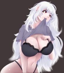 belly belly_button big_ass big_boobs big_breasts big_butt bitting_clothes black_bra black_panties boobs_and_butt_pose boobs_bigger_than_head boobs_out breasts_bigger_than_head breasts_out buttcheeks commission_art commissions_open hand_over_breast hips_up hips_wider_than_shoulders lifting_own_clothes lifting_shirt long_hair long_hair_female looking_up mao13 neckline original_character pale-skinned_female panties_peek red_eyes shirt_in_mouth showing_breasts showing_off showing_off_breasts touching_own_breast touching_own_breasts underwear_only vtuber white_hair