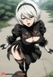 1girl 2b_(nier:automata) ai_generated black_blindfold black_dress black_footwear black_gloves black_hairband black_thighhighs blue_eyes blurry blurry_background boots breasts cleavage cleavage_cutout clothing_cutout dress feather-trimmed_sleeves feather_trim from_above gloves hair_between_eyes hairband hexogen juliet_sleeves large_breasts long_sleeves looking_at_viewer medium_breasts mole mole_under_mouth nier nier:_automata nier_(series) no_blindfold open_mouth oral_invitation outdoors patreon_username puffy_sleeves short_dress short_hair side_slit solo standing teeth thigh_boots thighhighs thighhighs_under_boots thighs tongue tongue_out turtleneck vambraces white_hair yorha_2b