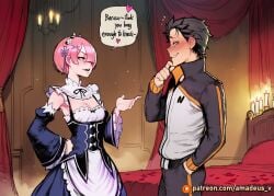1boy 1girl ai_generated amadeus_v bed black_eyes black_hair blush candlelight cowboy_shot dress eye_contact facing_another facing_each_other hair_over_one_eye hand_on_hip looking_at_another medium_breasts messy_hair natsuki_subaru open_mouth pink_hair ram_(re:zero) re:zero_kara_hajimeru_isekai_seikatsu red_drapes red_eyes rose rose_petals short_hair slim smile smirk standing warm_lighting white_apron witch