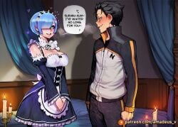1boy 1girl ai_generated amadeus_v bedroom black_eyes black_hair blue_eyes blue_hair blush candlelight canopy_bed cowboy_shot dress eye_contact facing_each_other hair_over_one_eye looking_at_another medium_breasts messy_hair natsuki_subaru open_mouth re:zero_kara_hajimeru_isekai_seikatsu rem_(re:zero) short_hair smile standing warm_lighting white_apron wide_hips witch