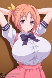 1female 1girl 1girls 2026 ai_generated arms_behind_head arms_up artist_name bangs big_ass big_breasts bow bowtie breasts brown_background closed_mouth collared_shirt curvy hair_ribbon hi_res high-waist_skirt high_quality high_resolution highres hiiragi_kururu huge_ass huge_breasts large_breasts looking_at_viewer mankitsu_happening one_side_up orange_hair patreon patreon_username pink_skirt puffy_short_sleeves puffy_sleeves purple_bow purple_eyes ribbon shirt short_hair short_sleeves skirt smile solo suspender_skirt suspenders unjobdespiert upper_body watermark white_shirt