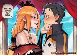 1boy 1girl ai_generated amadeus_v black_eyes black_hair blue_sky blush curvy eye_contact facing_another facing_each_other from_side gold_jewelry gown large_breasts long_hair looking_at_another messy_hair natsuki_subaru open_mouth orange_hair priscilla_barielle re:zero_kara_hajimeru_isekai_seikatsu red_drapes red_eyes smirk stepping sunlight terrace witch