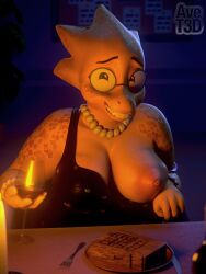 3d 3d_(artwork) alphys areolae_slip avet3d blender cleavage female flashing flashing_breasts looking_at_viewer nipple_slip nude one_breast_out self_upload twitter_link undertale undertale_(series)