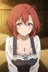 1girl ahoge ai_generated blush breasts cleavage closed_mouth collarbone cow_girl_(goblin_slayer) digitalwaifugallery frills goblin_slayer hair_between_eyes hi_res high_quality high_resolution large_breasts long_sleeves looking_at_viewer patreon purple_eyes red_hair seductive sexy shirt short_hair smile solo uncensored upper_body watermark white_shirt