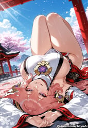 1girl ai_assisted ai_generated animal_ears bangs bare_shoulders blush breasts cherry_blossoms cloud curvaceous curvy curvy_female curvy_figure day detached_sleeves eyebrows_visible_through_hair female fox_ears genshin_impact grin hair_between_eyes japanese_clothes kimono knees_up large_breasts long_hair looking_at_viewer lying messy_hair miyuai obi on_back oriental_umbrella pink_hair purple_eyes sash sky smile solo thick thick_ass thick_butt thick_hips thick_legs thick_thighs torii tree umbrella upside-down voluptuous voluptuous_female wide_hips wide_sleeves wide_thighs yae_miko yae_sakura