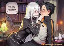 1boy 1girl ai_generated amadeus_v black_eyes black_hair blush candelabra echidna_(re:zero) eye_contact facing_another facing_each_other floating_book from_side jaw leaning leaning_forward library looking_at_another messy_hair mole_under_eye natsuki_subaru open_mouth pale_skin re:zero_kara_hajimeru_isekai_seikatsu smile tea_set very_long_hair white_dress white_hair witch