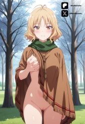 1female 1girl ai_generated antenna_hair ass ass_visible_through_thighs big_breasts blonde_hair blush breasts brown_eyes cloak closed_mouth colored cowboy_shot day dr.stone female fringe_trim from_front front_view grabbing grabbing_own_breast grass green_scarf large_breasts light-skinned_female light_skin looking_at_viewer medium_breasts naked naked_cloak nipples novathecreator outdoors public_indecency pussy scarf sexy sexy_body sexy_pose short_hair solo standing suika_(dr.stone) tits tree uncensored vagina visible_pussy visible_vagina vulva