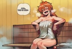 1girl ai_generated blush breasts closed_eyes collarbone english_text fang lina_inverse long_hair naked_towel open_mouth orange_hair patreon_logo patreon_username sauna sitting slayers solo speech_bubble steam sweat tillian towel