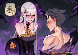 1boy 1girl ai_generated amadeus_v black_eyes black_hair blush dissolving drifting facing_another floating looking_at_another medium_breasts messy_hair natsuki_subaru open_mouth pale_skin purple_eyes purple_light re:zero_kara_hajimeru_isekai_seikatsu satella_(re:zero) shadow shirtless silver_hair smile standing undressing very_long_hair wide_hips witch