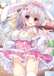 1girl ameto_yuki ass_visible_through_thighs blush bow_panties breasts bunny_ears frilled_skirt frills hair_ornament highres large_breasts maid maid_apron maid_headdress maid_outfit maid_uniform nipples nipples_visible_through_clothing original pancake panties rabbit_ears rabbit_girl ribbon_panties see-through see-through_clothing see-through_shirt shirt side-tie_panties skirt skirt_lift small_but_busty thighhighs underwear wet wet_shirt white_hair