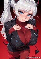 1girl 2026 ai_generated alternate_breast_size animal_tail anime bangs black_jacket black_skirt blue_eyes blue_nails blush boobs boots breasts cleavage cosplay covered_nipples crossover demon_girl demon_horns demon_tail earrings eye_contact female female_focus flushed formal gradient gradient_background hands_on_own_chest heart helltaker highres horns huge_breasts jacket jewelry large_breasts lips long_hair long_sleeves looking_at_viewer nail_polish nsfw pantyhose patreon patreon_username pencil_skirt ponytail red_background red_sweater ribbed_sweater rognezart rwby scar scar_across_eye side_ponytail skirt solo stockings suit sweater tail very_long_hair weiss_schnee white_hair