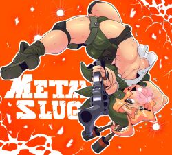 1girls ass athletic bandana blonde_hair bomb cap eri_kasamoto female female_only firearm grenade gun handgun holding_object holding_weapon light-skinned_female light_skin long_hair metal_slug minami_aomori nipple_bulge nipples revolver short_shorts shorts snk weapon wristband wristbands