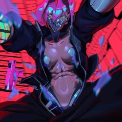 1girls blue_eyes color cyberpunk:_edgerunners cyberpunk_2077 cyberpunk_girl cyborg cyborg_girl female female_focus female_only hi_res long_hair looking_at_viewer pink_hair slim_waist solo solo_female talia_yang tan_body tan_skin thick_thighs