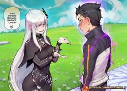 1boy 1girl ai_generated amadeus_v aura bench black_eyes black_hair echidna_(re:zero) ethereal_light eye_contact facing_another facing_each_other garden glowing looking_at_another messy_hair mole_under_eye natsuki_subaru open_mouth pale_skin re:zero_kara_hajimeru_isekai_seikatsu smile standing steady very_long_hair white_dress white_flower white_hair witch