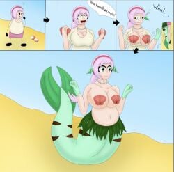 big_breasts huge_breasts large_breasts merfolk merfolk_out_of_environment mermaid mermaid_tail mermaidification oc ripped_clothes ripped_clothing transformation transformation_through_clothes