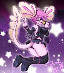 adorable anthro artist_name axolotl axolotl_girl axolotl_tail big_ass breasts buns city_background clothed color cosplay cute exposed_ass female_only hi_res leotard long_boots long_tail looking_at_viewer mask masked_female microphone night_sky peace_sign pink_body pink_eyes pink_hair popstar singing skirt_lift sleeves slime_fury smiling_at_viewer solo_female stars stockings thick_thighs vitzy_(vitzypie)