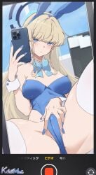 1girl absurdres blonde_hair blue_archive blue_eyes blue_hair blue_halo blue_nails blush breasts breasts_apart commentary expressionless from_below halo highres leer.meer long_hair medium_breasts multicolored_hair nail_polish phone recording reflection sitting solo spread_legs spread_pussy spread_pussy_under_clothes streaked_hair toki_(blue_archive) toki_(bunny)_(blue_archive) two-tone_hair very_long_hair wrist_cuffs