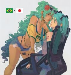 2girls aqua_eyes aqua_hair aqua_nails armwear asian asian_female bikini bracelet brazilian brazilian_female brazilian_flag brazilian_miku breasts chair collar female female_focus female_only hair_ornament hatsune_miku japanese_female japanese_flag long_hair nail_polish short_shorts shorts sitting sunglasses sunglasses_on_head tagme tan_body tan_skin tanned_female tanned_skin tattoo turquoise_eyes turquoise_hair very_long_hair vocaloid yuri