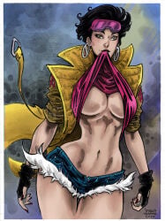 artist_name artist_signature asian asian_female big_breasts black_hair breasts brown_eyes color_edit colored denim_shorts earrings fingerless_gloves gloves jacket jubilation_lee jubilee marcio_fernandes marvel shirt shirt_lift shirt_pull shirt_up shorts sunglasses sunglasses_on_head x-men