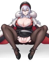1girls azur_lane breasts cap female fur_trim graf_zeppelin_(azur_lane) grey_hair hat high_heels highres iron_cross jacket large_breasts looking_at_viewer military_hat military_uniform no_panties pantyhose peaked_cap pussy red_eyes simple_background sitting smile solo spread_legs torn_clothes torn_pantyhose whiter_23_(23whiter)