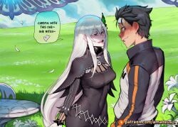 1boy 1girl ai_generated amadeus_v bench black_eyes black_hair calm echidna_(re:zero) ethereal_light eye_contact facing_another facing_each_other garden looking_at_another messy_hair mole_under_eye natsuki_subaru nervous open_mouth pale_skin re:zero_kara_hajimeru_isekai_seikatsu smile standing very_long_hair white_dress white_flower white_hair witch