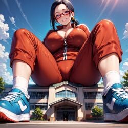 ai_generated demi-chan_wa_kataritai giantess gym_uniform satou_sakie school sitting sitting_on_building succubus track_suit