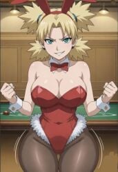 1boy big_breasts blonde_female blonde_hair bunny_costume bunny_ear bunny_girl bunnysuit female female_only huge_breasts nara_temari naruto naruto_shippuden red_suit short_hair temari temari_(naruto) thick_thighs