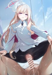 1boy 1girl absurdres aiguillette bar_censor beret black_pantyhose blonde_hair blonde_student_council_president_(blue_archive) blue_archive blush breasts censored commentary_request cum cum_in_pussy cum_overflow epaulettes halo hands_on_another's_knees hat highres indoors long_hair looking_at_viewer medal multicolored_hair multicolored_halo nironiro open_mouth pantyhose penis pink_halo pink_streaks purple_eyes reverse_squatting_cowgirl_position sex shirt shoulder_strap single_epaulette small_breasts spread_legs squatting straddling streaked_hair testicles torn_clothes torn_pantyhose two-tone_halo vaginal variant_set watch white_hat white_shirt yellow_halo