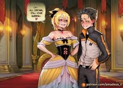 1boy 1girl ai_generated amadeus_v banner black_eyes black_hair blonde_hair blush cowboy_shot dress eye_contact facing_another facing_each_other felt_(re:zero) grin hands_on_hips looking_at_another mature_female messy_hair natsuki_subaru open_mouth petite re:zero_kara_hajimeru_isekai_seikatsu red_carpet red_eyes short_hair small_breasts smirk standing throne throne_room torchlight witch