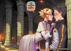 1boy 1girl ai_generated altar amadeus_v black_eyes black_hair blonde_hair blush candlelight capella_emerada_lugunica cathedral collar curvy dragon_horns eye_contact facing_another facing_each_other from_side grin large_breasts looking_at_another messy_hair natsuki_subaru open_mouth re:zero_kara_hajimeru_isekai_seikatsu robe short_hair stained_glass stepping witch yellow_eyes