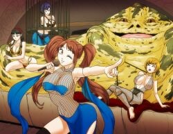 amagi_yukiko annoyed_expression black_hair brown_hair caged choker_collar collar_and_leash crossover crossover_cosplay damsel_in_distress harem harem_outfit harem_pants headband hutt jabba's_palace jabba_the_hutt kujikawa_rise leash leash_and_collar leash_pull leashed_collar locked_up long_hair mara_jade_skywalker_(cosplay) metal_bikini multiple_girls oola_(cosplay) persona persona_4 pigtails pointing_at_viewer pulling_leash satonaka_chie seductive_eyes seductive_look seductive_smile shirogane_naoto short_hair singing slave_bikini slave_collar slave_girl slave_leia_(cosplay) slave_outfit slavegirls star_wars trapped_in_cage twintails wadevezecha winking_at_viewer