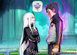 1boy 1girl ai_generated amadeus_v aura bench black_eyes black_hair echidna_(re:zero) ethereal_light eye_contact facing_another facing_each_other garden glowing looking_at_another messy_hair mole_under_eye natsuki_subaru open_mouth pale_skin re:zero_kara_hajimeru_isekai_seikatsu resolute smile standing very_long_hair white_dress white_flower white_hair witch