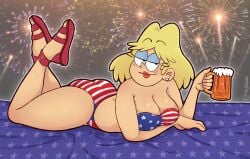 1girls american_flag_bikini arm_under_breasts ass beer beer_mug big_ass big_breasts bikini bikini_bottom bikini_top blonde_hair blue_eyeshadow bottomwear breasts cleavage drawsoyeah drink ear_piercing earrings eyeshadow feet_up female female_only fireworks footwear fourth_of_july hair half-closed_eyes high_resolution highres holding_drink holding_object lips looking_back mature mature_female mature_woman milf mother on_stomach parted_lips rita_loud sandals side-tie_bikini solo solo_female swimwear the_loud_house thighs topwear