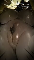 1girl 3gs absurdres backrooms_(creepypasta) black_pubic_hair breasts commentary completely_nude fangs female_pubic_hair from_below furry furry_female highres huge_breasts navel nipples nude open_mouth pubic_hair smiler_(backrooms) solo sweat uncensored