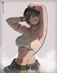 1girls abs armpits arms_up avatar_the_last_airbender black_hair bracelet breasts female female_focus female_only hair_ornament hairband looking_at_viewer muscular muscular_female pants solo solo_female solo_focus toph_bei_fong topwear