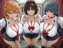 3girls ai_generated bag bangs black_bra black_choker black_clothes black_hair black_legwear black_skirt black_socks black_underwear blue_eyes blue_hair blush bow bowtie bra bra_peek bra_visible_through_clothes bracelet breasts brown_eyes brown_hair busty candy choker clavicle cleavage closed_mouth clothing collared_shirt double_v earrings erika_(pokemon) female fingernails food footwear grin group gyaru hairband headwear holding holding_candy holding_food holding_lollipop holding_object huge_breasts indoors jewelry kasumi_(pokemon) kneehighs kogal large_breasts legwear lollipop long_hair looking_at_viewer medium_hair miniskirt misty_(pokemon) misty_(pokemon_hgss) multiple_girls nail_polish necktie neckwear orange_hair parted_lips pleated_skirt pokemon purple_eyes red_bow red_bowtie red_eyes red_hairband red_necktie red_neckwear sabrina_(pokemon) sabrina_(pokemon_hgss) school_bag school_uniform scrunchie see-through see-through_shirt shirt shoes short_hair skirt smile socks thick_thighs thighs underwear underwear_peek uniform v white_legwear white_shirt white_socks wrist_scrunchie