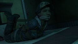 1girls 3d 3d_(artwork) 3d_render ankles_tied arms_behind_back arms_tied arms_tied_behind_back baseball_cap bed bed_sheet bedroom bondage boots bound brown_eyes brown_hair captured captured_heroine clementine_(the_walking_dead) cloth_gag clothed clothing dark-skinned_female dark_skin female female_focus female_only fully_clothed gag gagged hat headwear hi_res high_resolution highres jacket medium_hair non_nude restrained rope rope_bondage the_walking_dead the_walking_dead_game tied_up