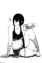 arm_bandages bandage bandage_on_nose bandaid_on_face black_hair drink hand_on_ground leg_bandages looking_at_viewer short_hair shorts sitting sports_bra sports_shorts sportswear tagme thick_thighs thighs tomboy white_background