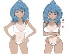 1girls alternate_hairstyle annoyed big_breasts bikini blue_eyes blue_hair blush breasts busty cleavage confident crossed_arms female female_only grin half-closed_eyes hands_on_hips japanese_text large_breasts legs looking_at_viewer make_heroine_ga_oo_sugiru! medium_hair multiple_views navel pose posing smile swimsuit tan tanline thighs translated voluptuous white_bikini yanami_anna