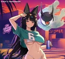 artist_name big_ass big_breasts bikini blush cover_art crossover drink fit_female grand_theft_auto hips hoshimi_miyabi hoyoverse looking_at_viewer mihoyo parody patreon_username sexy smiling_at_viewer sunglasses sunglasses_on_head swimsuit the_amazing_gambit thick zenless_zone_zero