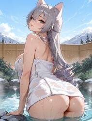 1girl ai_generated animal_ear_fluff animal_ears arched_back arlequin097 ass back bare_arms bare_shoulders blue_sky blush breasts bronya_rand closed_mouth crossed_bangs day drill_hair from_behind grey_eyes grey_hair hair_between_eyes honkai:_star_rail honkai_(series) hoyoverse huge_ass large_breasts long_hair looking_at_viewer looking_back mihoyo mountain mountainous_horizon naked_towel onsen outdoors partially_submerged rock sky smile solo thighs towel wading water wet wet_towel white_towel