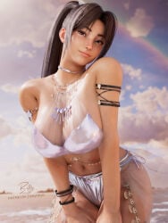 1girls 3d belly_button big_breasts bikini billyhhyb breasts brown_eyes brown_hair cloud curvy curvy_figure fatal_fury fatal_fury:_city_of_the_wolves hair_ornament hand_on_thigh hi_res hips leaning_forward mai_shiranui midriff ocean ponytail pose rainbow seaside shiny shiny_bikini shiny_clothes solo street_fighter street_fighter_6 sunset swimsuit thick_thighs thighs transparent_bikini transparent_clothing two_piece_swimsuit water