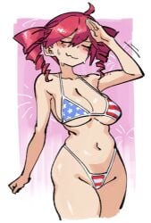 1girls american_flag_bikini basic_background bikini blush closed_eyes curvy curvy_figure drill_hair embarrassed female female_focus female_only kaibootsu kasane_teto red_hair salute slim_waist sweat sweatdrop sweating tagme tattoo vocaloid