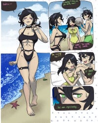 1boy 2d 2girls andrew_graves ashley_graves beach black_hair blush breasts brother_and_sister comic dialogue english_text female green_eyes hips incest julia_(the_coffin_of_andy_and_leyley) male pink_eyes ponytail sea-lean siblings straight swimsuit tease teasing the_coffin_of_andy_and_leyley yellow_eyes