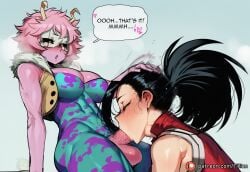 2girls ai_generated ashido_mina black_hair black_sclera blush boku_no_hero_academia breasts closed_eyes colored_sclera colored_skin english_text fellatio futanari horns large_breasts mina_ashido momo_yaoyorozu multiple_girls my_hero_academia oral penis pink_hair pink_skin ponytail testicles tillian yaoyorozu_momo