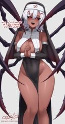 1girls arachne arthropod_limbs big_breasts birthmark breasts cleavage cleavage_cutout cslucaris dark_skinned_female english_text grey_background hands_clasped hands_together looking_at_viewer lucille_(cslucaris) nun_headdress nun_outfit open_mouth original red_eyes speech_bubble thick_thighs white_hair wide_hips